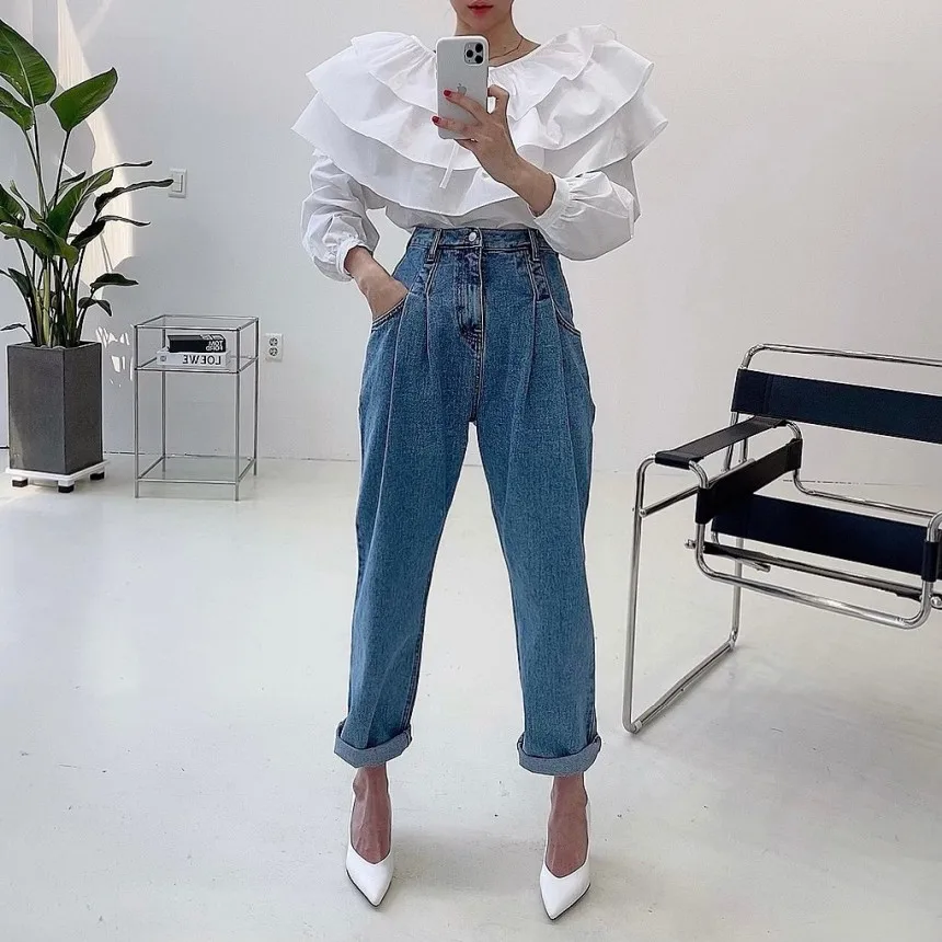 Alien Kitty 2022 New Spring Summer Full Length Denim Pants High Waist Office Lady Jeans Solid Loose Elegant Trousers denim capris