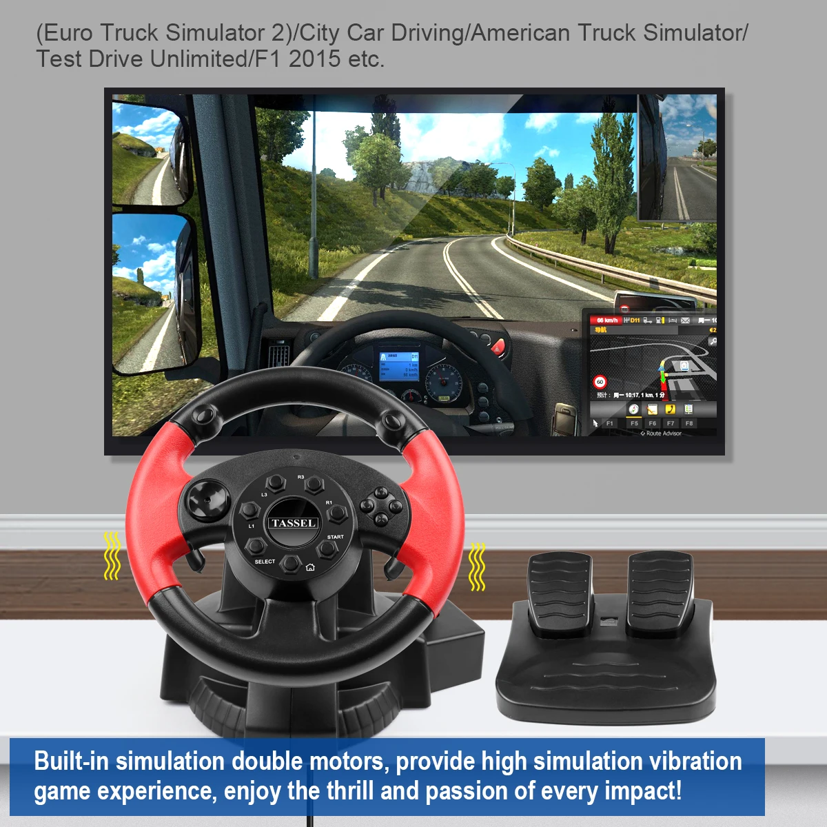 Racing Game Steering Wheel USB Vibration Dual Motor with Pedal For PS3 PS2  PC STEAM Steering Wheel with Foldable Pedal 180°Rotat