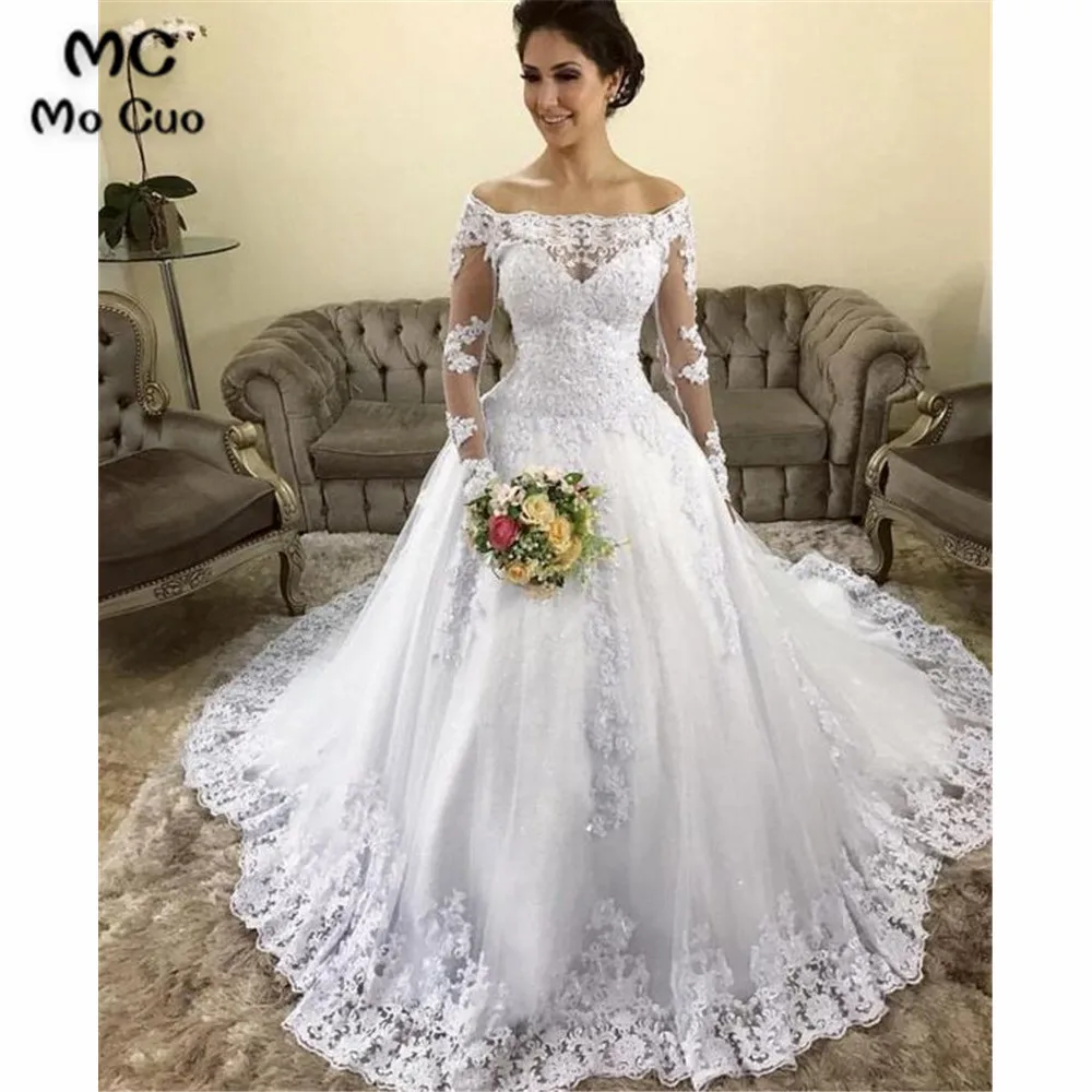 

Off Shoulder Sheer Lace Wedding Dresses with Applique Long Sleeve Vestidos de novia Bridal Dress See Though Wedding Gown