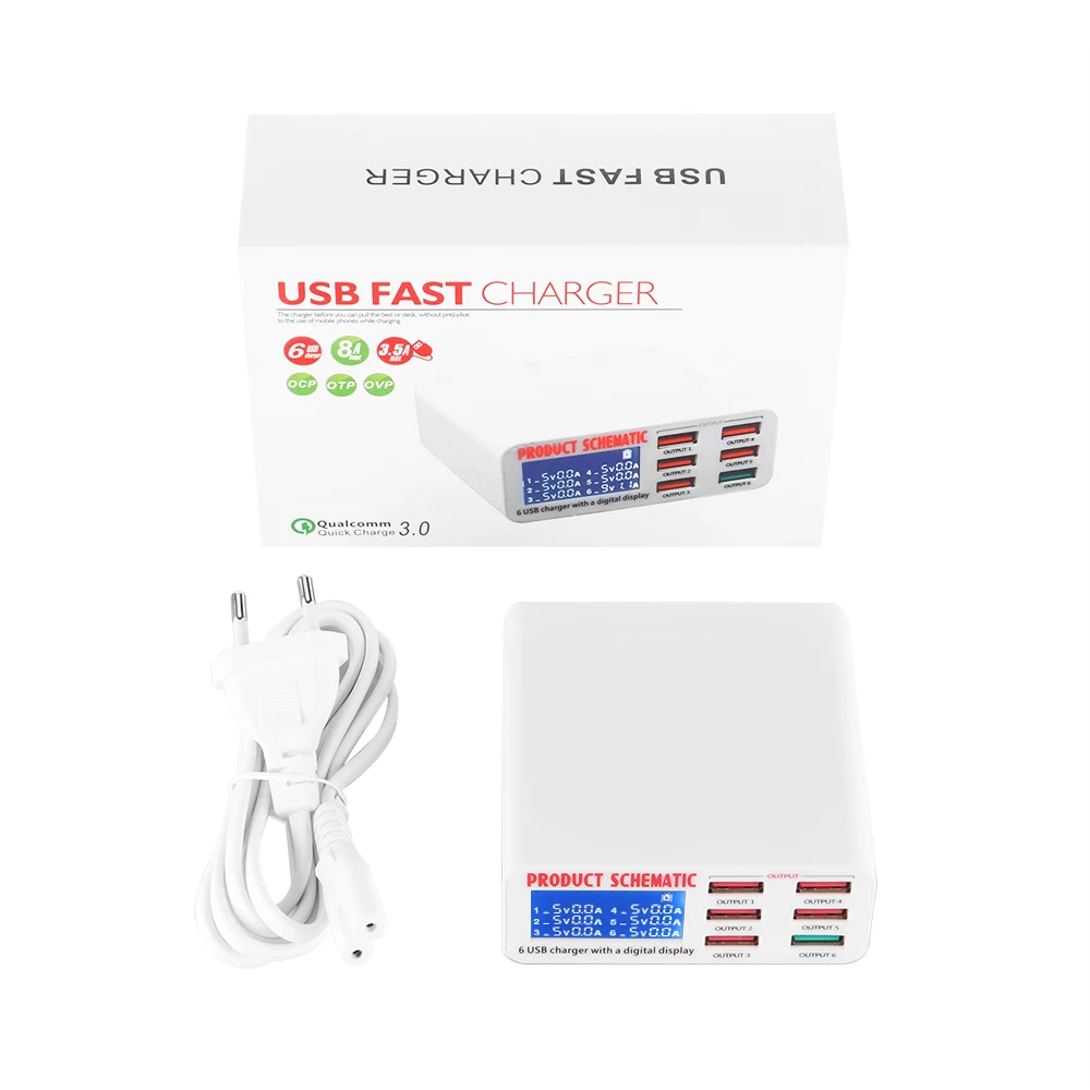USB зарядное устройство портативное Мульти USB порт быстрое зарядное устройство 6 портов USB розетка быстрое зарядное устройство с ЖК-дисплеем для смартфона мобильного телефона
