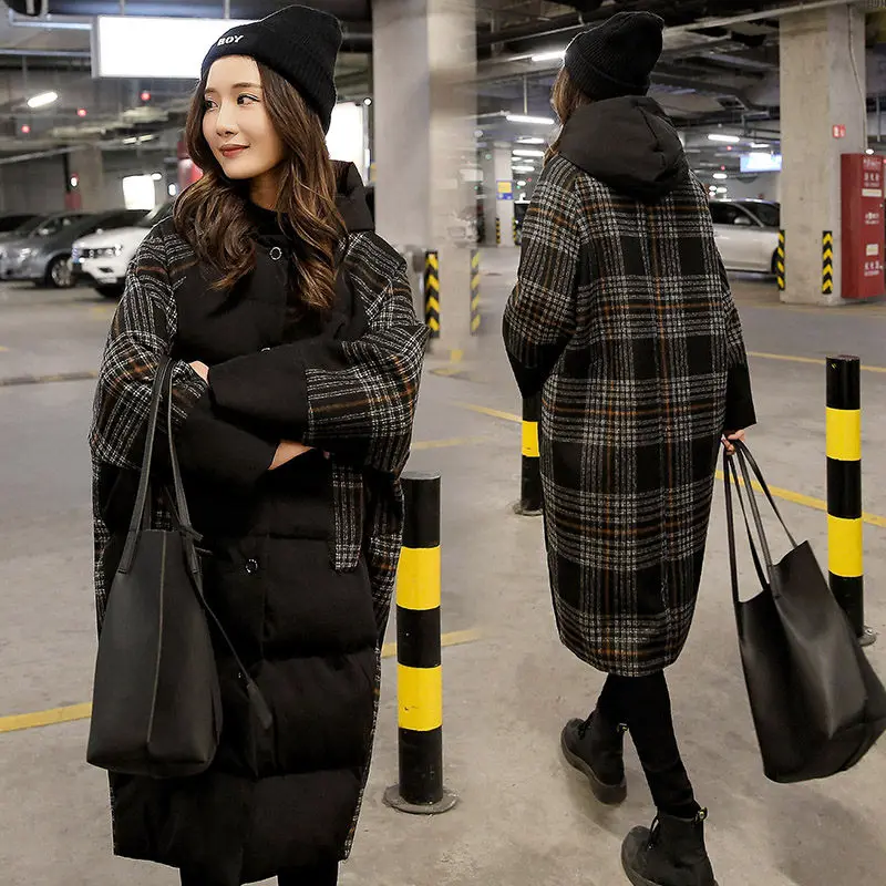  New Cotton Clothing Female Long Korean Loose Jacket Winter Thick Plaid Wool Coat Women Hooded High 