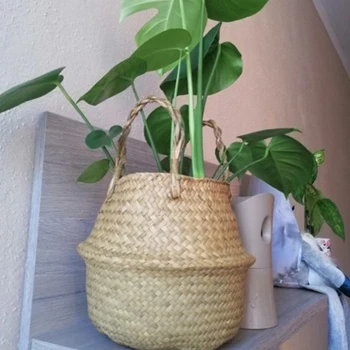 

Natural Seaweed Woven Shopping Basket Plant Flower Pot Big Belly Folding Flower Basket