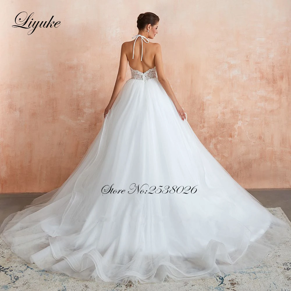 Liyuke Halter Neckline Of Princess A Line Wedding Dress Backless Sexy Puffy Bride Dress