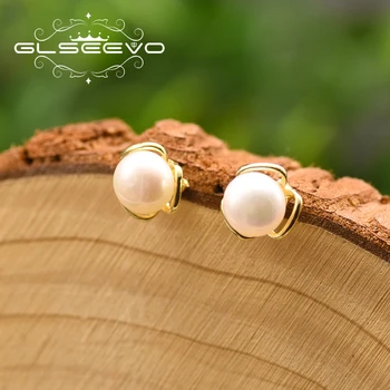 

GLSEEVO Natural Fresh Water White Pearl For Women Girl Geometric Earrings Gift Minimalist Jewelry Bijoux En Argent 925 GE0858
