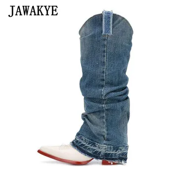 

JAWAKYE White Genuine Leather Jean Knee high Boots Women Pointed toe Embrodery Kitten heel Layer Long boots Western Cowboy Boots