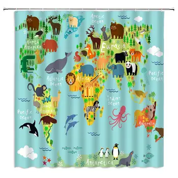 

Animal Map Shower Curtain Cartoon Ocean Animal Fun Kids Educational Tourist Colorful Geography World Map for Children Mountains