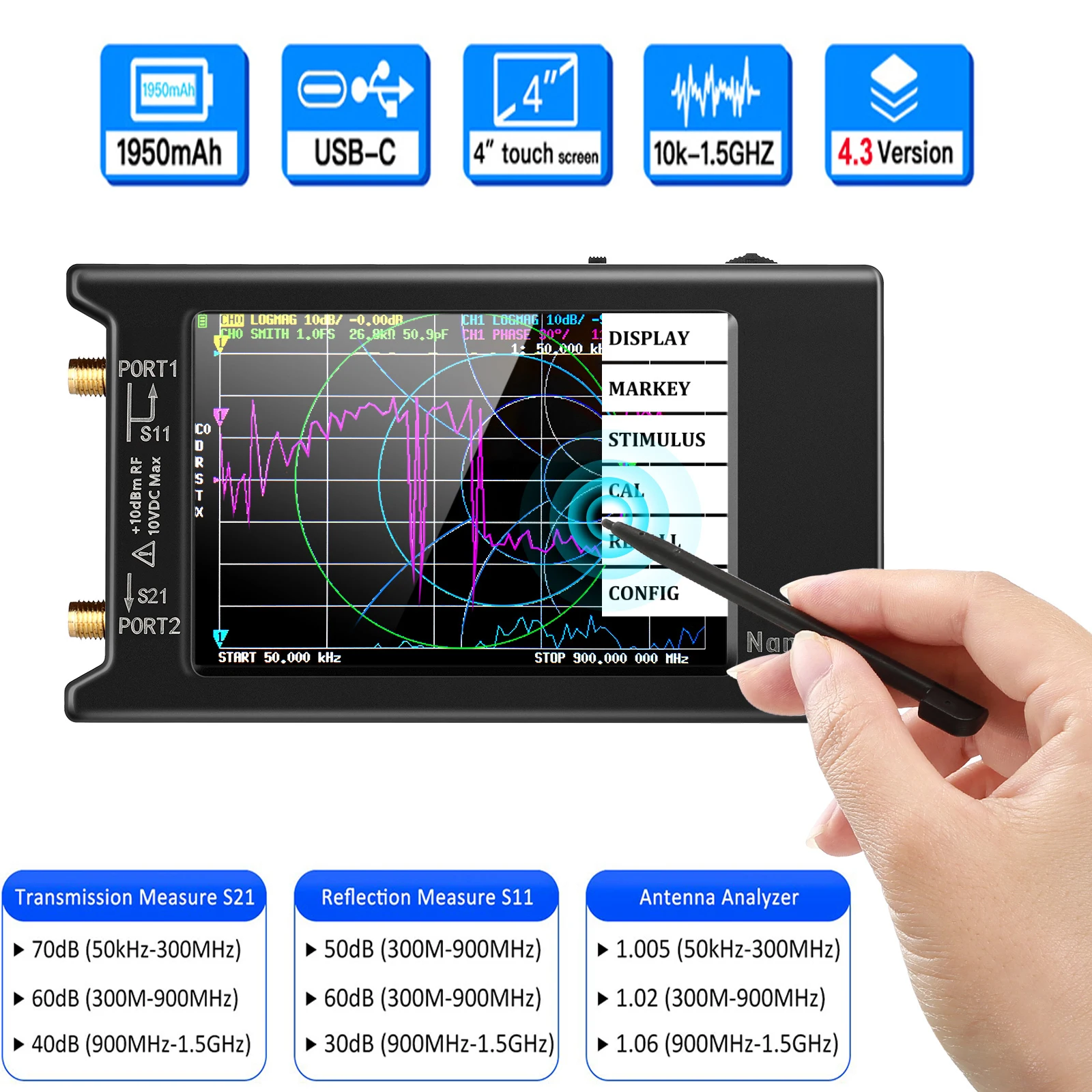 2022 Brand New 10k-1.5GHz NanoVNA-H4 hugen 4inch Vector Network Analyzer HF VHF UHF Antenna Analyzer V4.3 with SD Card Slot 4