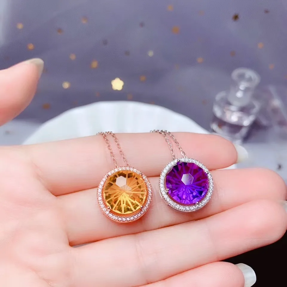 Ceny Ametyst i cytryn naszyjnik 925 czyste srebro pani naszyjnik z klejnotem fajerwerki proces cięcia