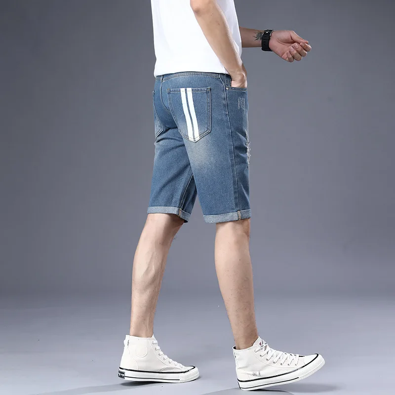 Mens Stretch Ripped Short Jeans New Fashion Leisure Streetwear Clothing Summer Cotton Shorts Breathable Tearing Denim Shorts