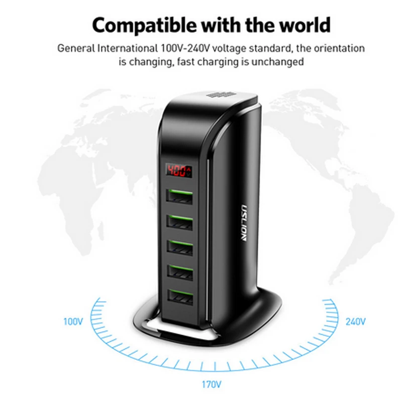 EU UK Plug 5 портов USB зарядное устройство концентратор светодиодный дисплей мульти док-станция для зарядки с USB универсальный мобильный телефон Настольный настенный дом