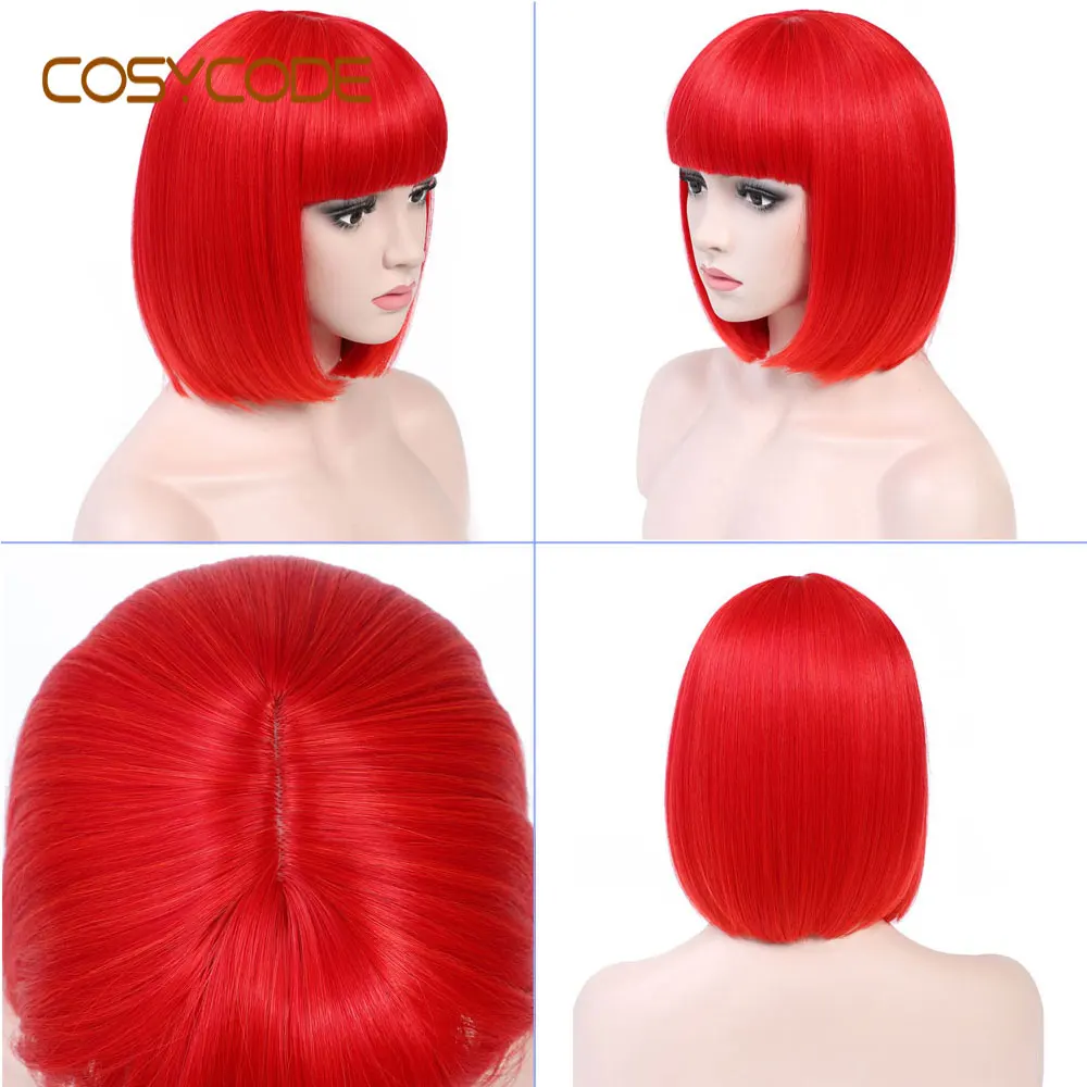 red COSYCODE 12 дюймов короткий черный боб парики с челкой прямые некружевные синтетические Косплей парики костюм 30 см - Цвет: red