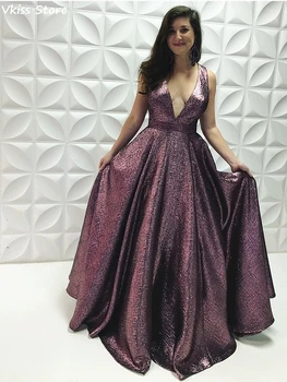 

Grape Purple Evening Dress Simple Sexy Deep V-neck Backless Floor Length Sleeveless Sequin Satin Prom Dress