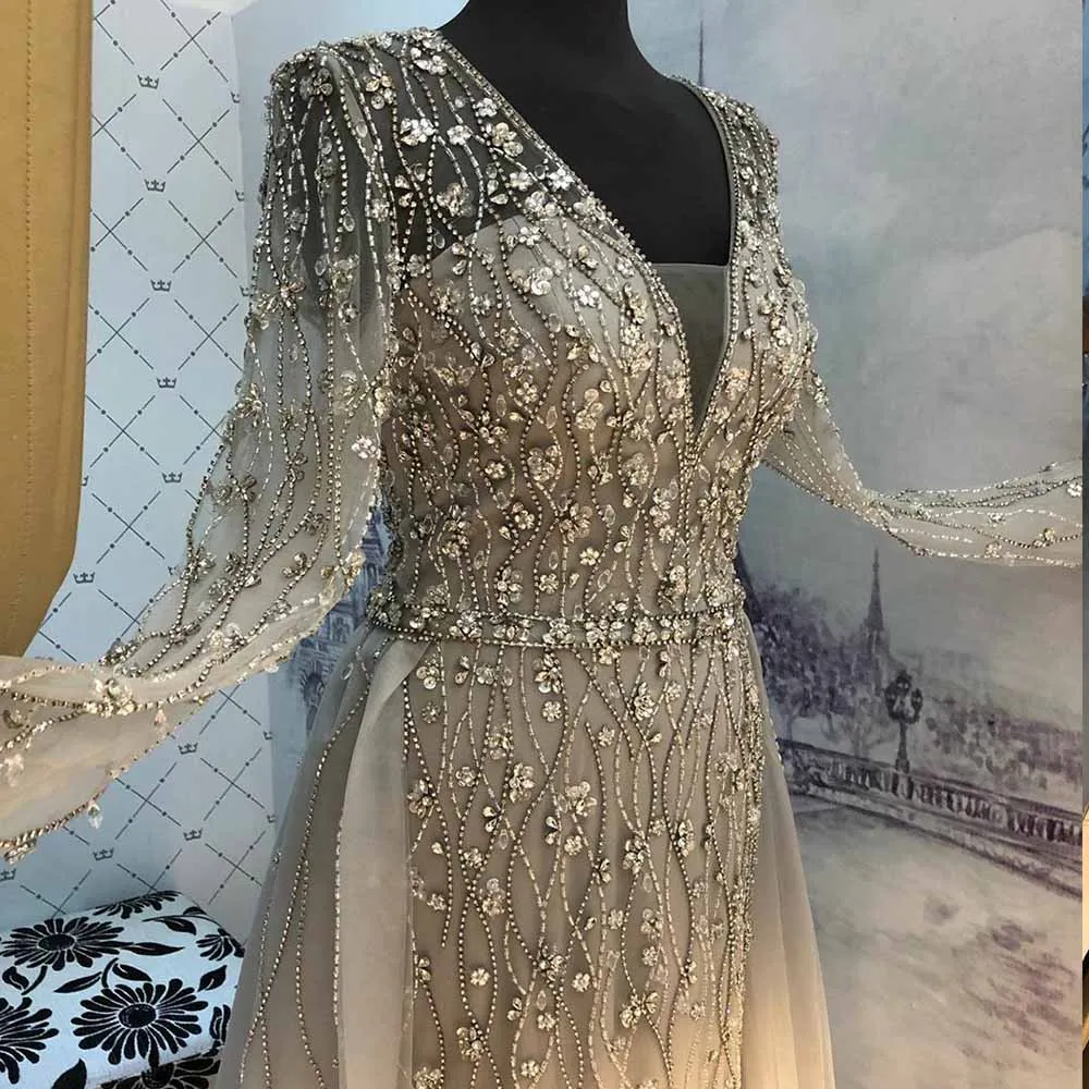 New-Arrival-Silver-Evening-Dresses-Elegant-V-Neck-Long-Sleeve-Tulle-Crystal-Beads-Formal-Dress-Party (4)