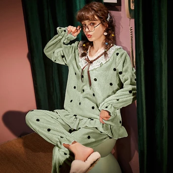 

Autumn and winter ladies sweet lace bow knot polka dot printed flannel warm long-sleeved home service two-piece suit JJF0164