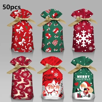 

50Pcs Christmas Ribbon Drawstring Elks Santa Claus Snowflake Gifts Boxs Bow Gift Wrapping Bag Candy Pouches Food Packaging Bag