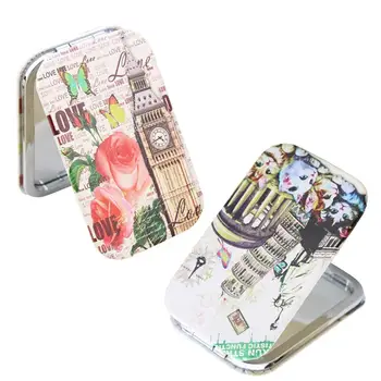 

2pcs Rectangular Cosmetic Mirrors Double Side Foldable Makeup Mirror Printing Vintage Pocket Mirrors For Girls Random Pattern