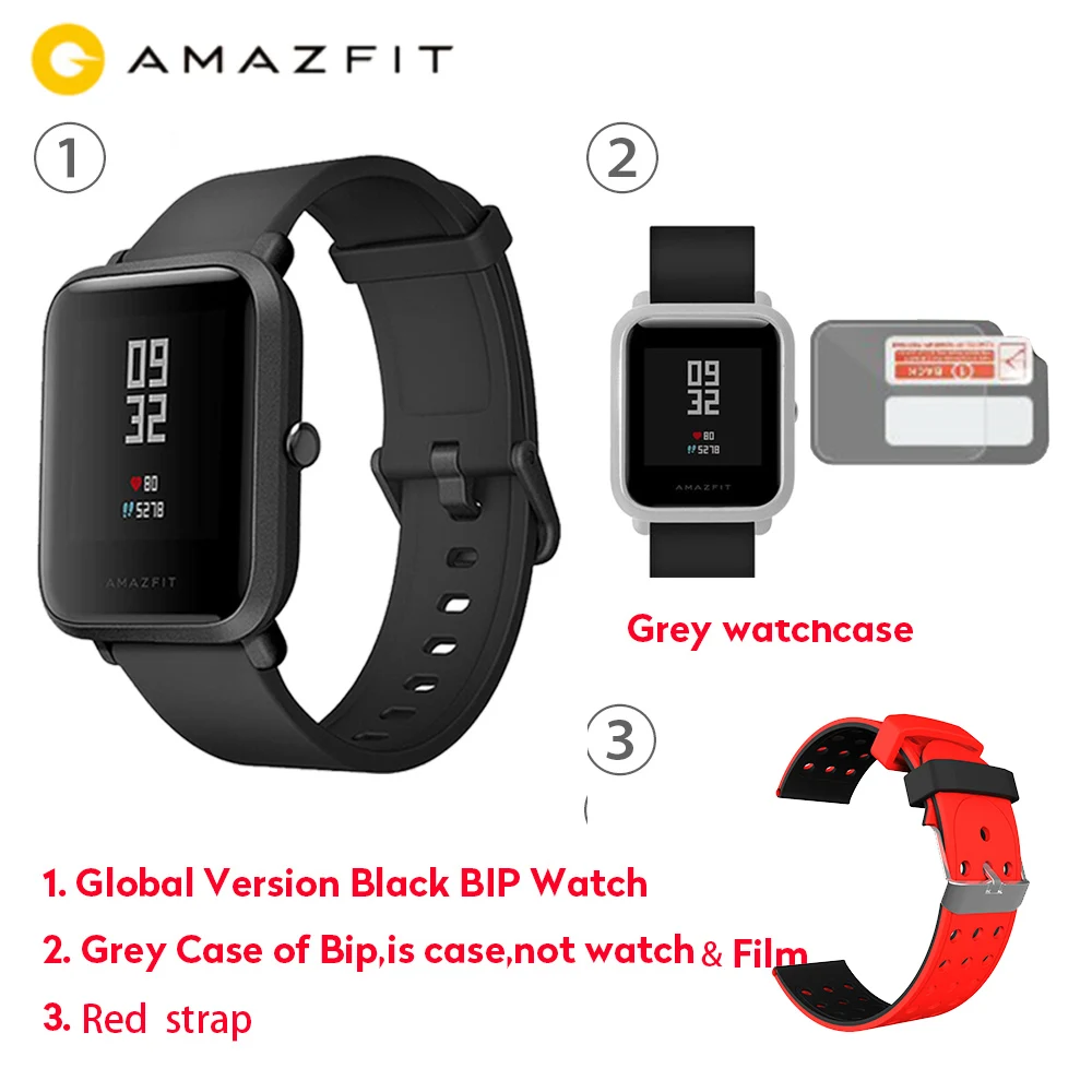 Официальные Смарт-часы Amazfit Bip, gps, умные часы, 45 дней в режиме ожидания, монитор сердечного ритма, будильник, вибрация, IP68, водонепроницаемые, напоминание о звонках - Цвет: Grey Case RedStrap