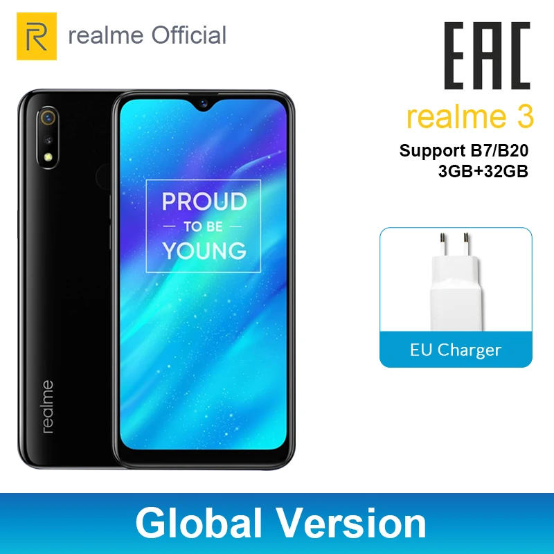 

Global Version realme 3 3GB RAM 32GB ROM 6.2 inch Smart Moblie Phone 4230mAh Battery 13MP Dual Camera Cellphone Android P