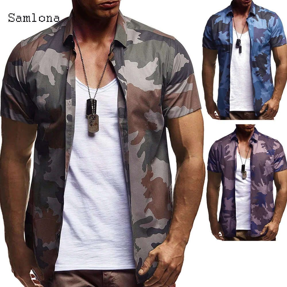 

New European style Men Camo Short sleeve Shirt 2020 Summer Fashion Casual Turn-down Collar Single Breasted Tees Top Men clothing