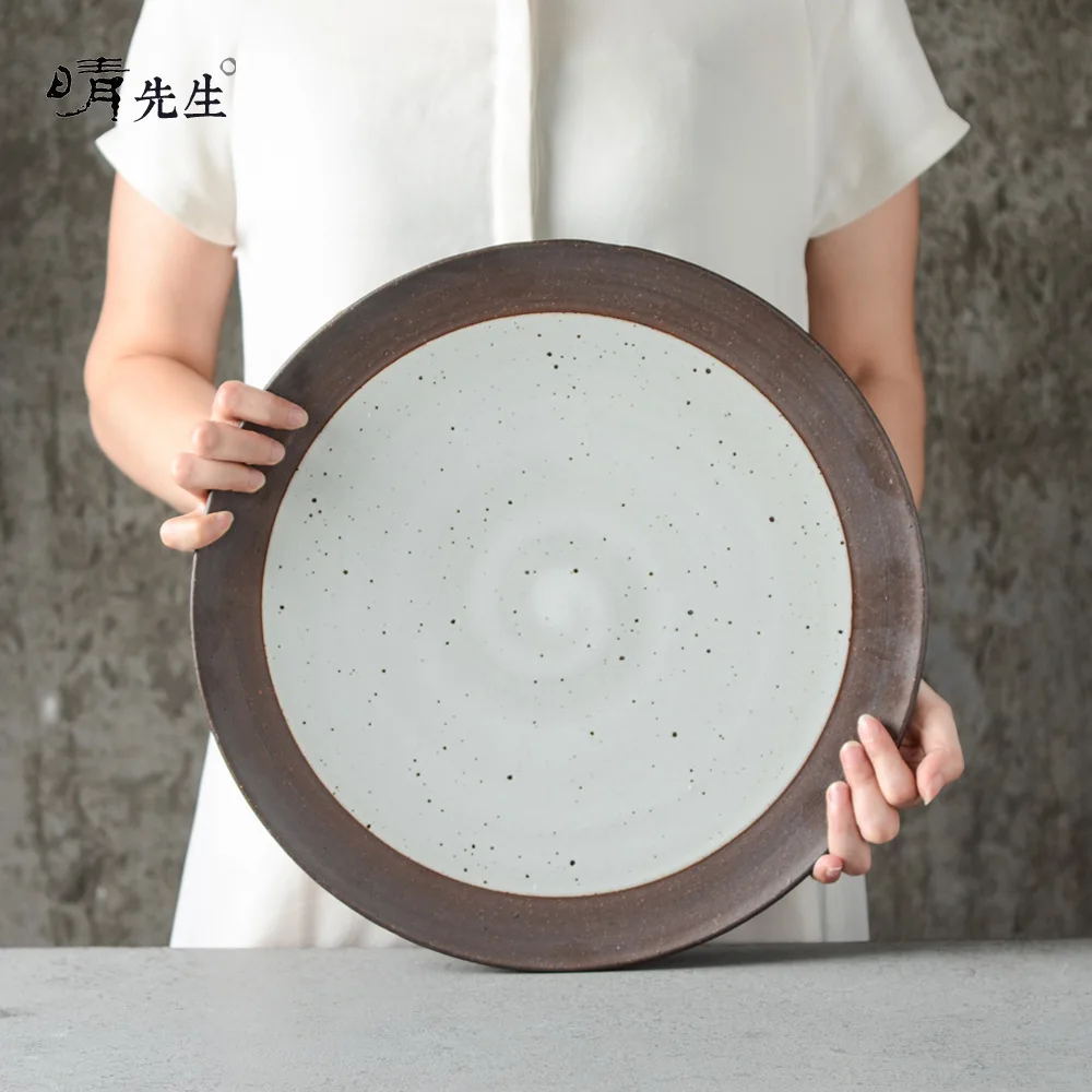 

Coarse Pottery Plate Dinner Pan Japanese Crude Pottery Pan 14 Inch Round Originality Disc Ceramics Disc Barbecue Disc Household