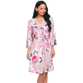 

Women Casual V-Neck 3/4 Sleeve Prints Pocket Nightgown Underwear with Belt