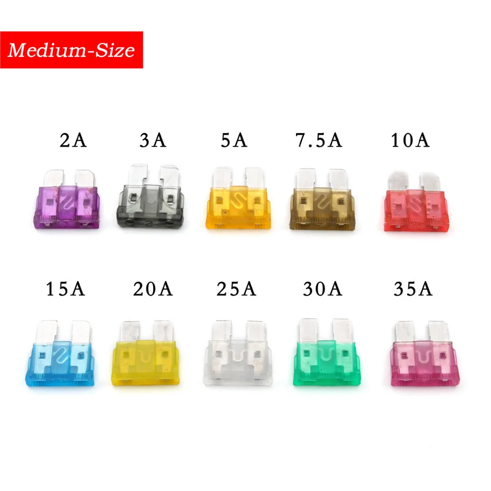 100Pcs Assorted Auto Car Low Profile Medium Blade Fuses With Test Pen Plug Glass Fuse Kit 2A/3A/5A/7.5A/10A/15A/20A/25A/30A/35A |