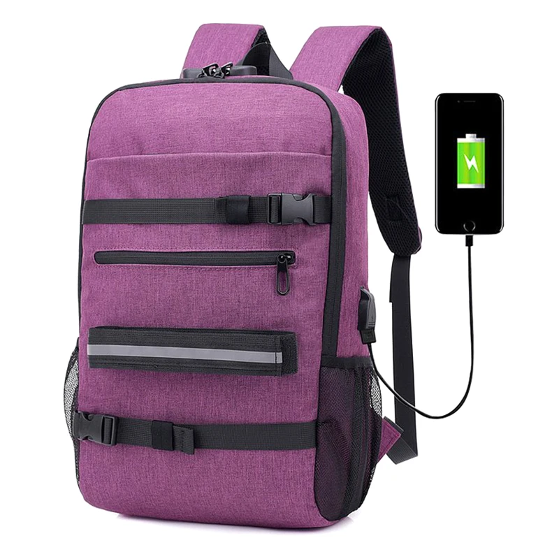 Purple Рюкзак для скейтборда, Сумка с защитой от кражи, блокировка паролем, зарядка через USB, рюкзак для мужчин и женщин, для отдыха и путешествий, сумка для компьютера, лонгборд, колесо - Цвет: Purple