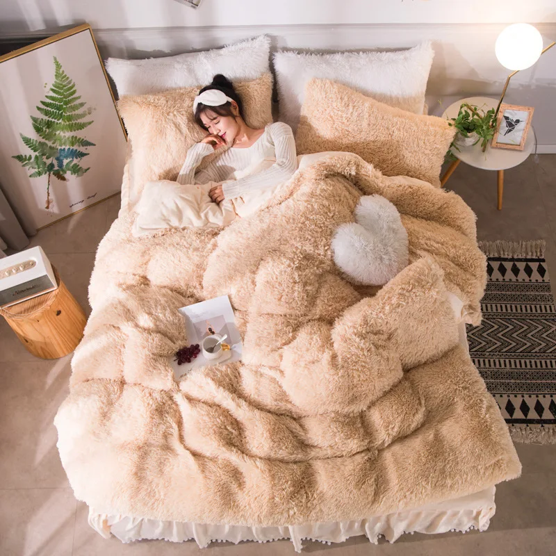 camel fleece bed Белая длинная шерсть кровать юбка набор кашемир+ бархат пододеяльник набор верблюжий флис bedidng набор утолщенное теплое постельное белье юбка оборками мяч - Цвет: camel fleece bed