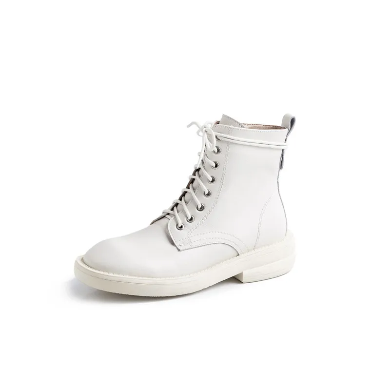 white with fur MoonMeek/Новые Модные ботильоны из натуральной кожи Дамская обувь на шнуровке с круглым носком осенне-зимние ботинки на низком каблуке Новинка года - Цвет: white with fur