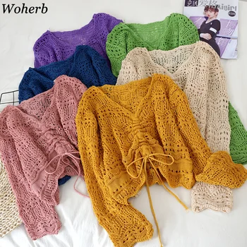 Woherb Women Sweater Thin Loose Female Pullover Short V-neck Hollow Out Knitted Drawstring Three Quarter Sleeve Ladies Crop Tops 1