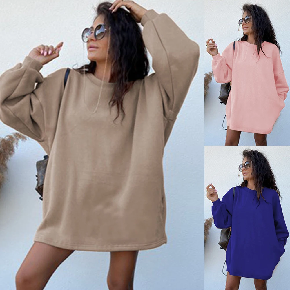 

Spring/Autumn Women Dress Thick Round Neck Long Sleeve Pullover Loose Sweater Dress Casual Solid Pockets Femme Mini Dress D30