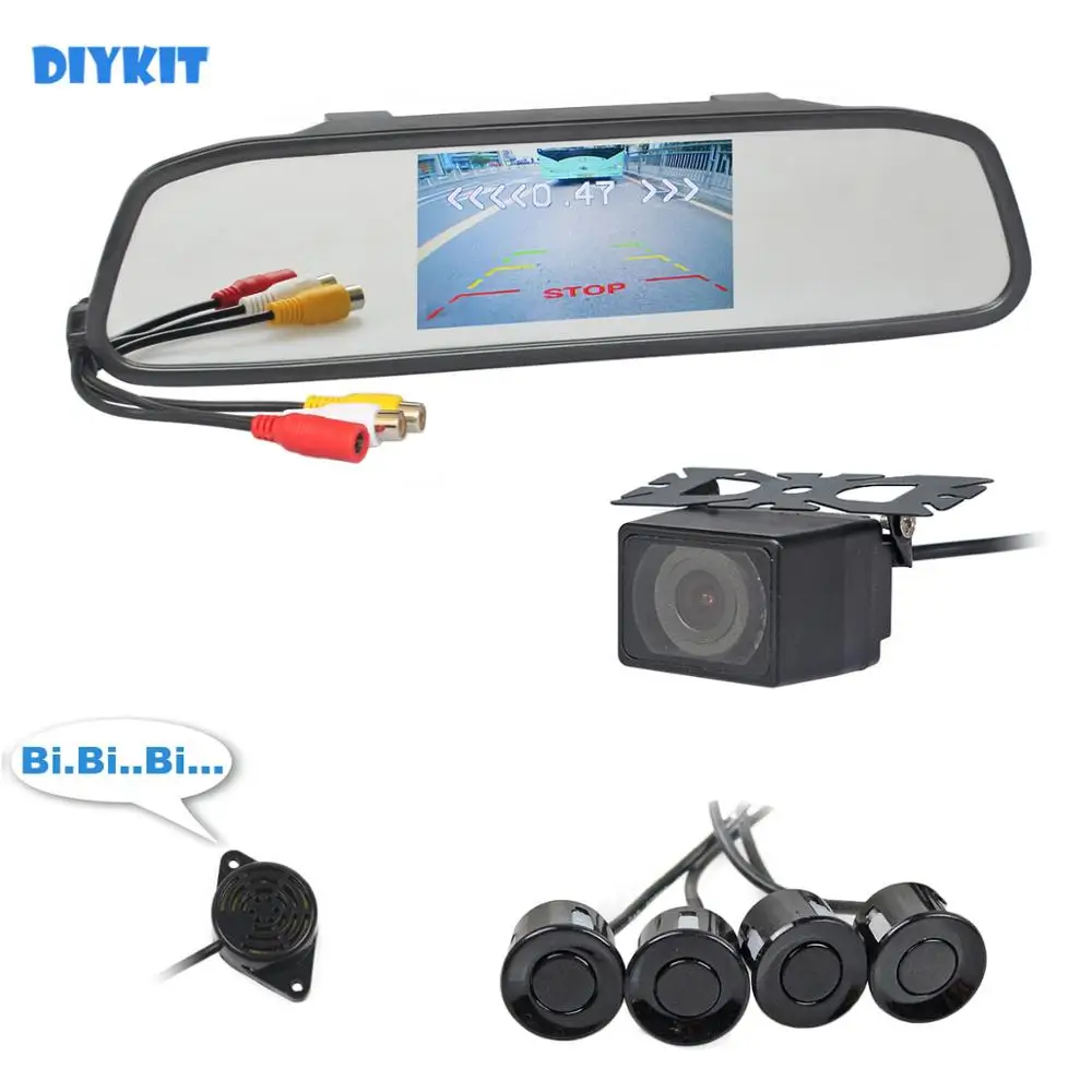DIYKIT, 4,3 дюймов, зеркало заднего вида, автомобильный монитор, комплект+ 4 парковочных радара+ ИК камера ночного видения для автомобиля, Система помощи при парковке