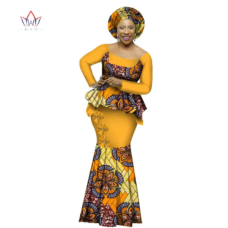 Осень в африканском стиле Dashiki для женщин комплект для девочек из топа и юбки с О-образным вырезом Базен с длинными рукавами размера плюс вечернее платье naturl 4xl WY2427 - Цвет: 24