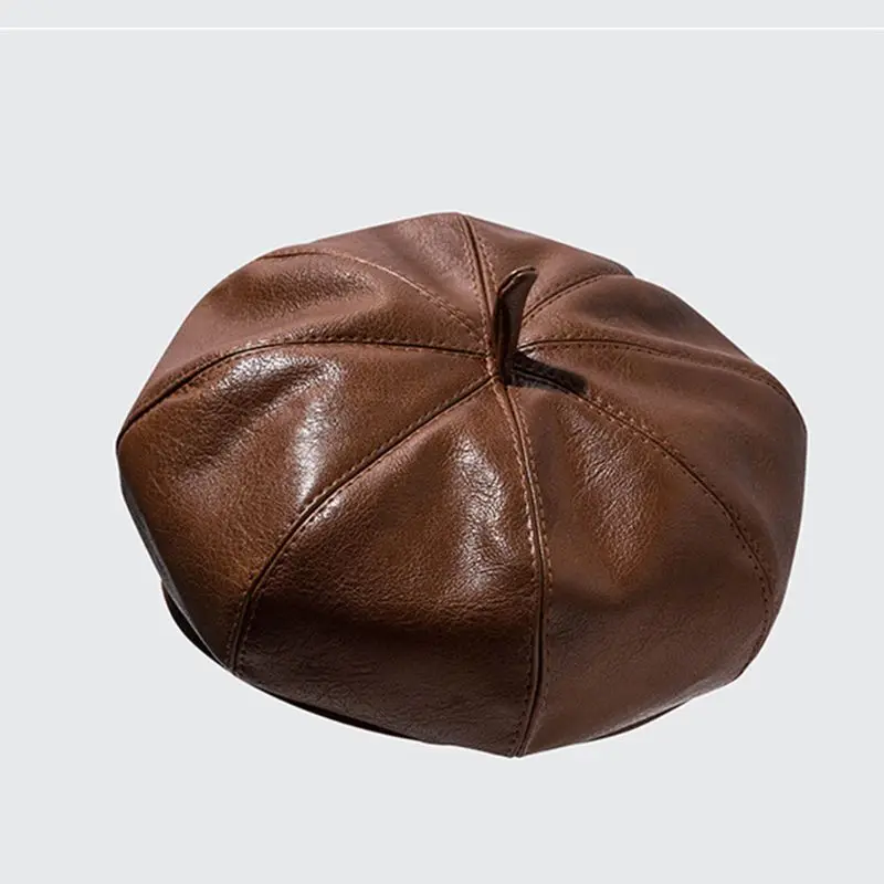 Japanese Women Girls Winter Faux Leather Beret Cap Brimless Adjustable Solid Color Classic Student Painter Octagonal Pumpkin Cap