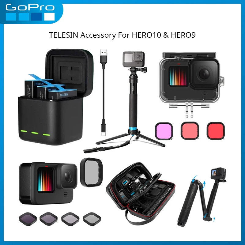 TELESIN Battery 1750 mAh GoPro Hero 9 10 6 in 1 Selfie Stick Tripod Mount Waterproof Case ND8 ND16 ND32 CPL Lens Filter Set | Электроника