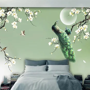 

Custom Mural Wallpaper Chinese Style Hand-painted Magnolia Green Peacock Flowers Birds Photo Wall Paper Living Room TV 3D Fresco