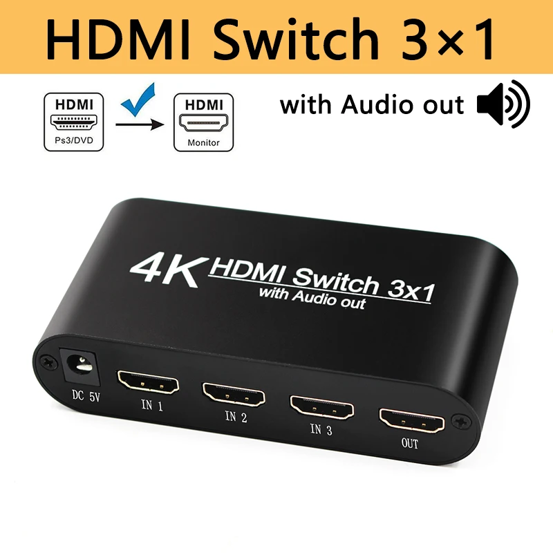  HDMI Switcher with Audio Splitter 3 Input 1 Output HDMI Switch 3x1 for XBOX 360 PS4 Smart Android H