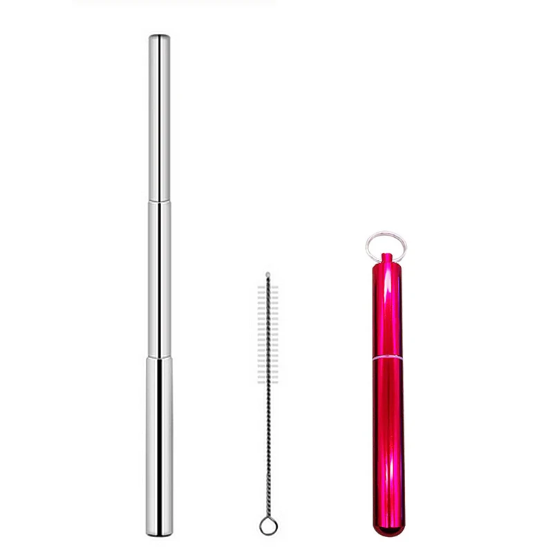 Красный Metal Reusable Collapsible Foldable Straw with Case Keychain Stainless Steel Metallic Portable Telescopic Drinking Straw Brush - Цвет: Красный