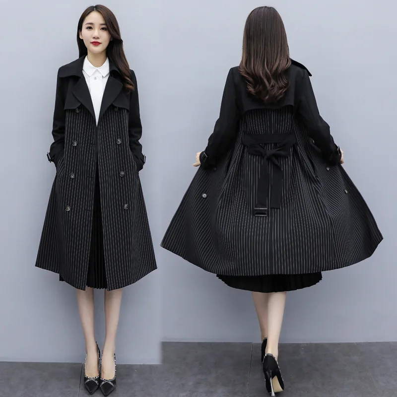 

Stripes Trench Coat 2019 Autumn New Style Korean-style over-the-Knee Mid-length Long Sleeve Slimming Slim Fit Handsome Fashion C
