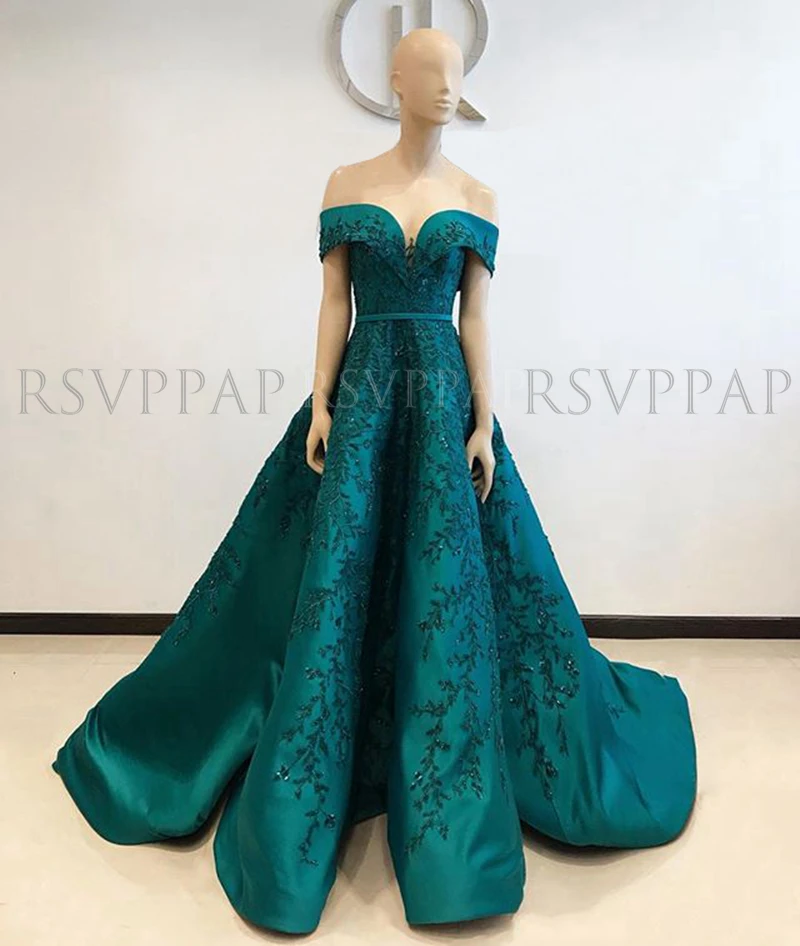 Long Elegant Evening Dress Sweetheart Cap Sleeve Beaded Lace African Emerald Green Women Party Evening Gowns