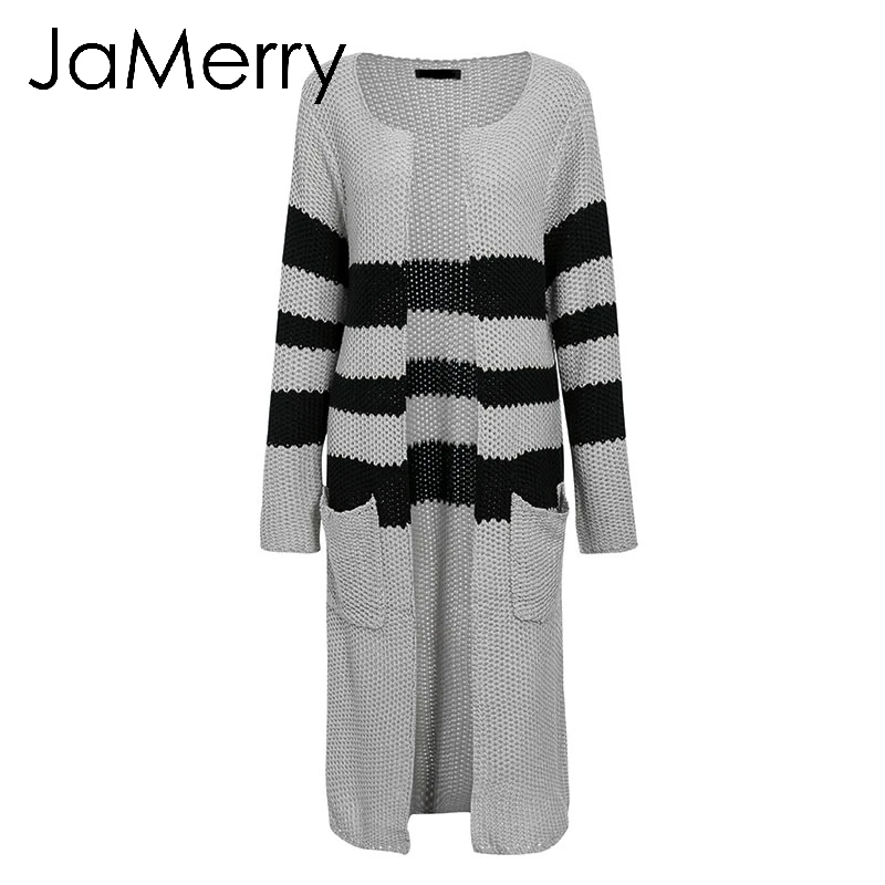 JaMerry, винтажный полосатый вязаный женский кардиган,, Осень-зима, длинный свитер, Женский Повседневный свободный бежевый кардиган с карманами - Цвет: Серый