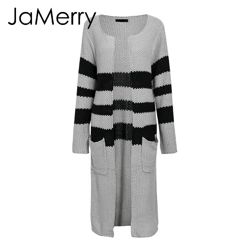 Серый JaMerry, винтажный полосатый вязаный женский кардиган,, Осень-зима, длинный свитер, Женский Повседневный свободный бежевый кардиган с карманами - Цвет: Серый