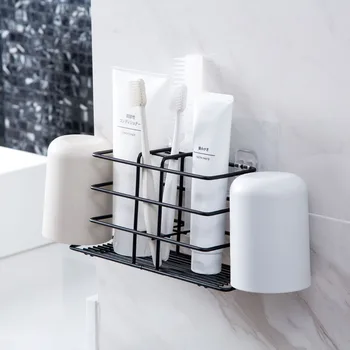 

Iron Toothbrush Holder Wall Mounted Tooth Brush Cup Toothpaste Storage Rack Shelf Razor Holder Bathroom Organizer