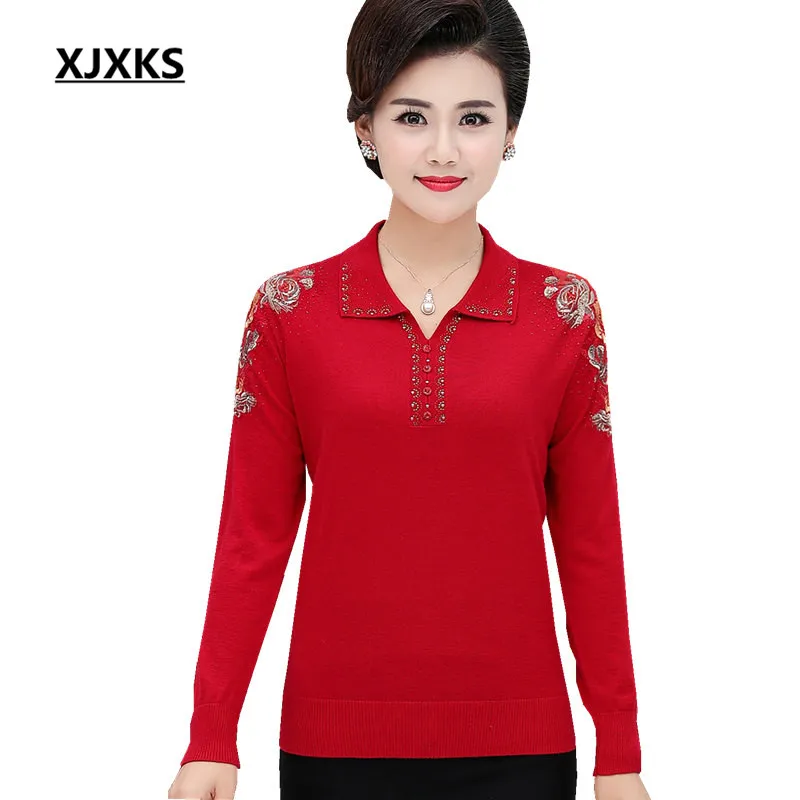 

XJXKS 2019 autumn winter new fashion embroidered women's sweater loose plus size lapel cashmere knitted sweater women's pullover