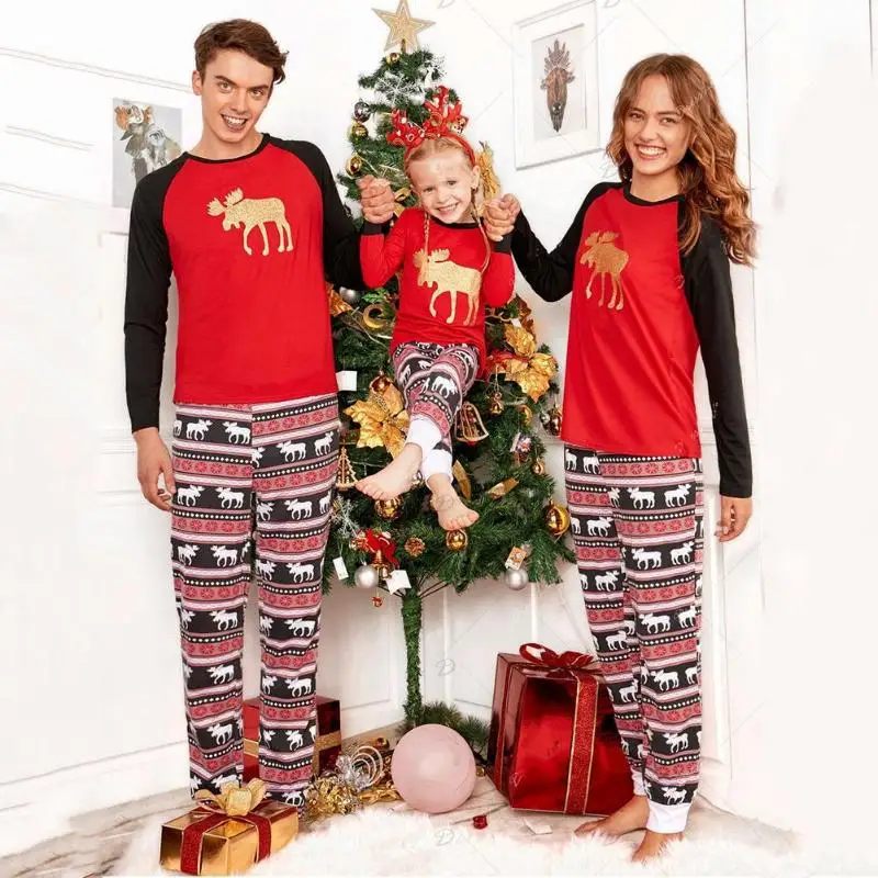 Осенняя семейная одежда из 2 предметов принт с рождественским лосем, футболка с длинными рукавами и штаны, комплект домашней одежды, зимняя повседневная мягкая одежда для детей