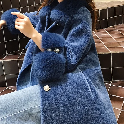 2 Women Winter Real Fox Fur Collar and Sleeve Overcoats Real Genuine Granule Sheep Shearling Fur Coats fur one overcoat - Цвет: 2