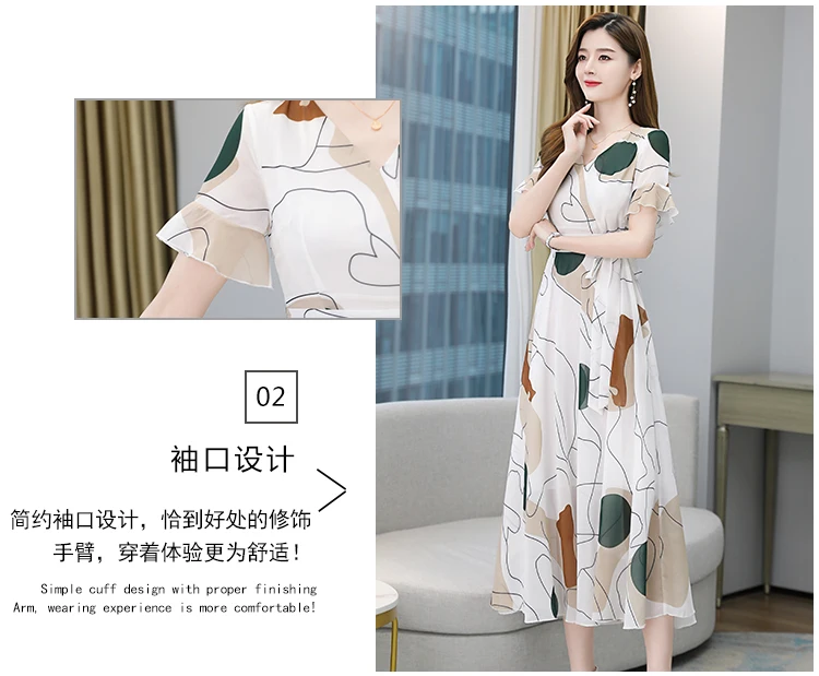 Women Summer 2021 White Chiffon Dress Casual Robe Vestito Floreale Midi Tunics Boheme Short Sleeve V-Neck Plus Size Dresses