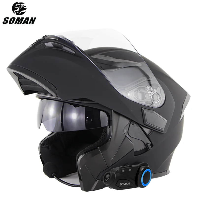 SOMAN Modular Motorcycle Helmet with Bluetooth Headset Matte Black Dual Lens Bluetooth Helmet Cool Flip Up Style Visor Capacete