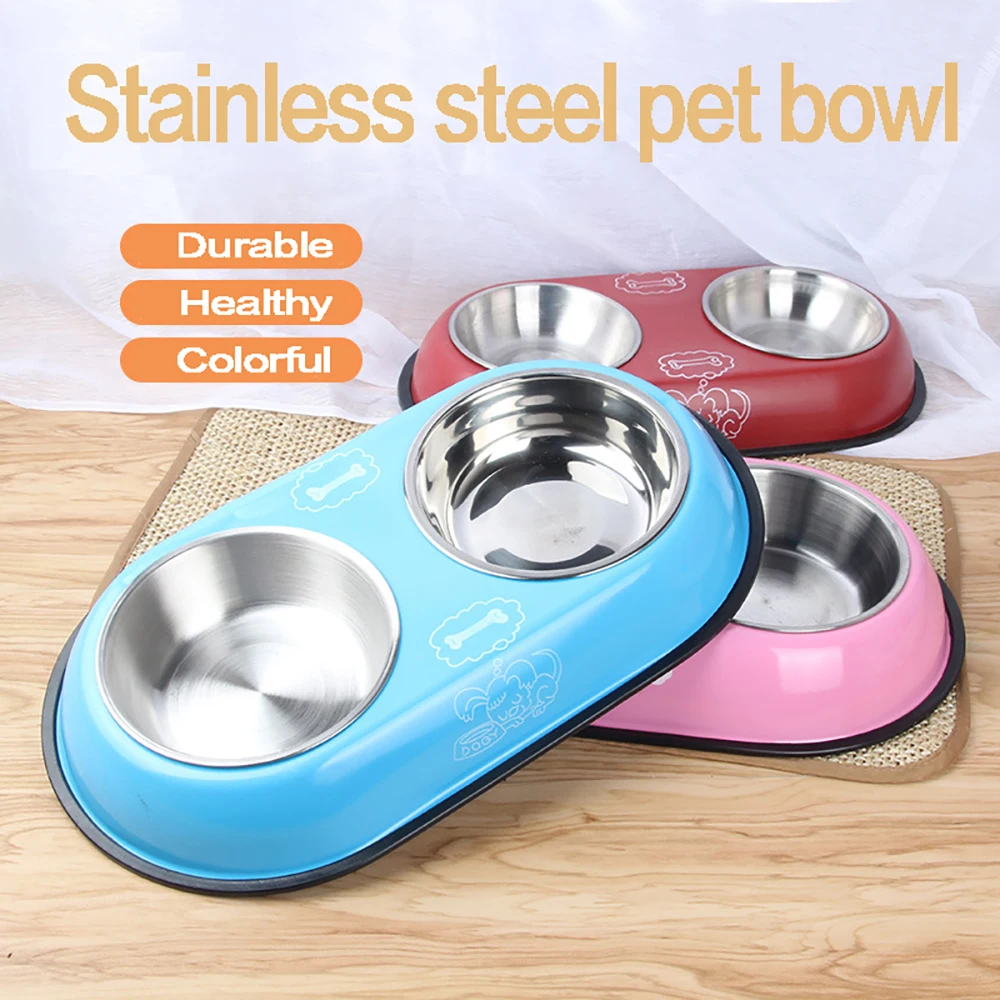 Double Dog Bowl font b Pet b font Feeding Station Stainless Steel Water Food Bowls Feeder