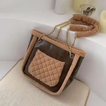 

Elegant Female Large Plush Tote Bag 2020 Winter New Quality PU Leather Women's Designer Handbag Chain Shoulder Messenger Bags